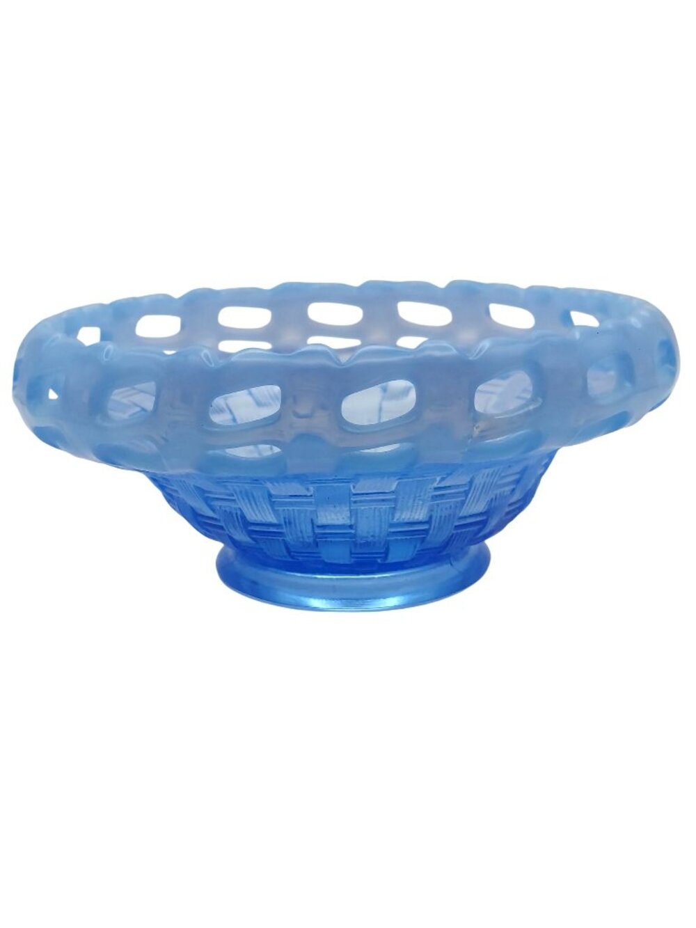 Fenton Glass Blue Opalescent Bowl Basket Weave Open Lace Edge Candy Antique 1911